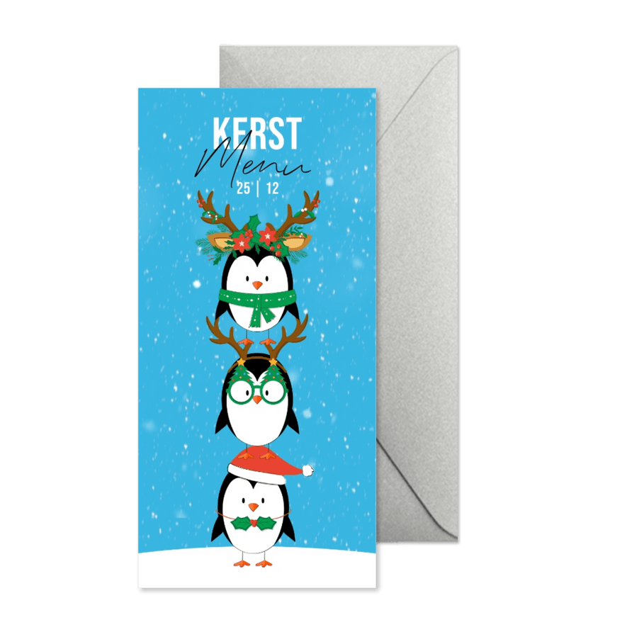 Menukaart humor grappige pinguïns in kerstoutfit in sneeuw - Kaartimpressie