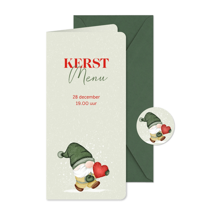 Menukaart kerst kabouter draagt hart - Kaartimpressie