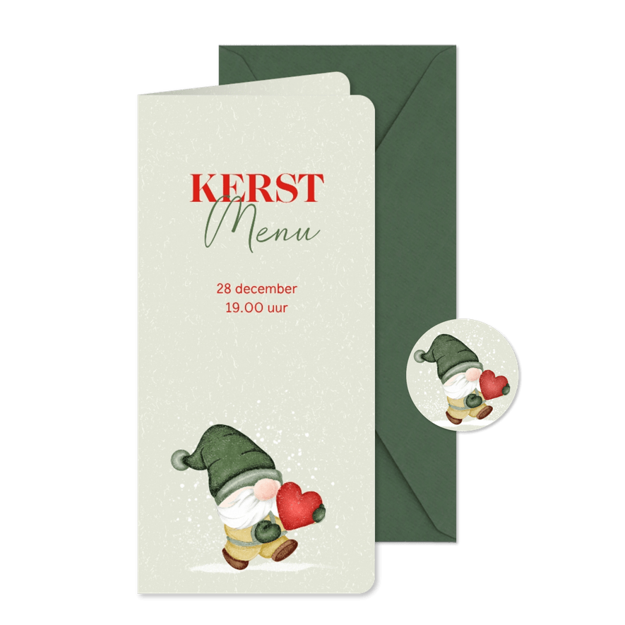 Menukaart kerst kabouter draagt hart - Kaartimpressie