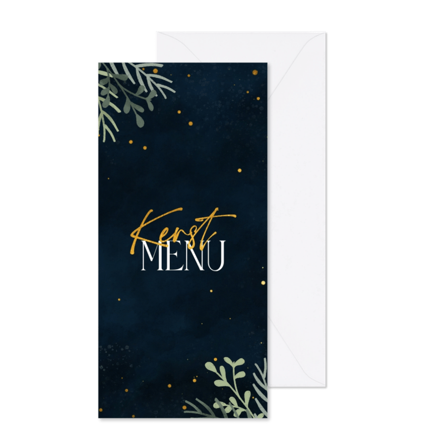 Menukaart kerst met takjes en goudlook sparkles - Kaartimpressie
