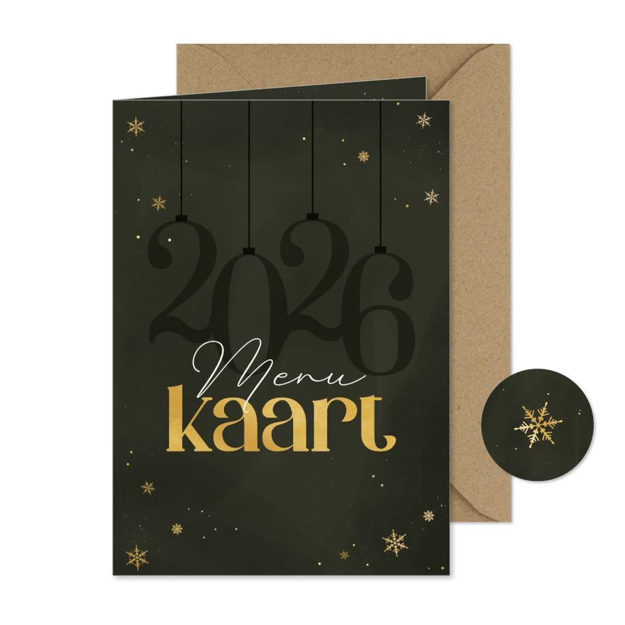 Menukaart kerst stijlvol 2026 sneeuwvlokjes goudlook - Kaartimpressie