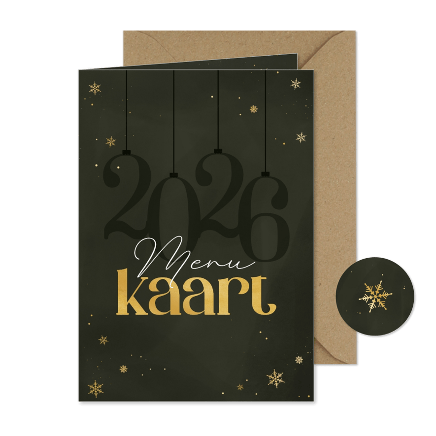 Menukaart kerst stijlvol 2026 sneeuwvlokjes goudlook - Kaartimpressie