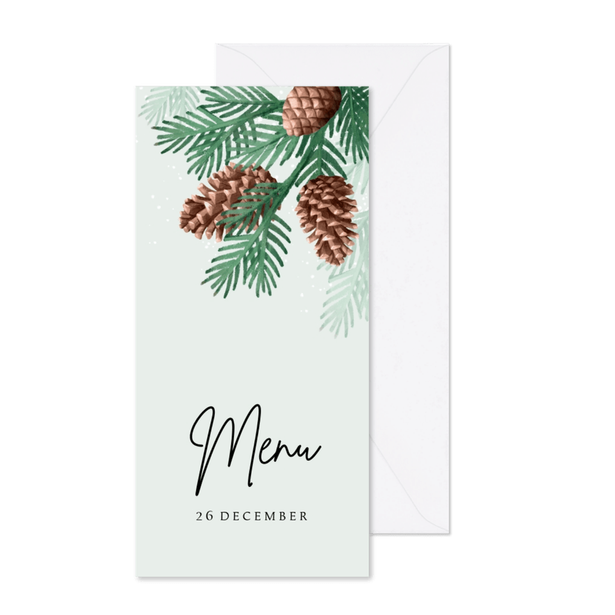 Menukaart kerst winter dennentakjes dennenappel sneeuw - Kaartimpressie