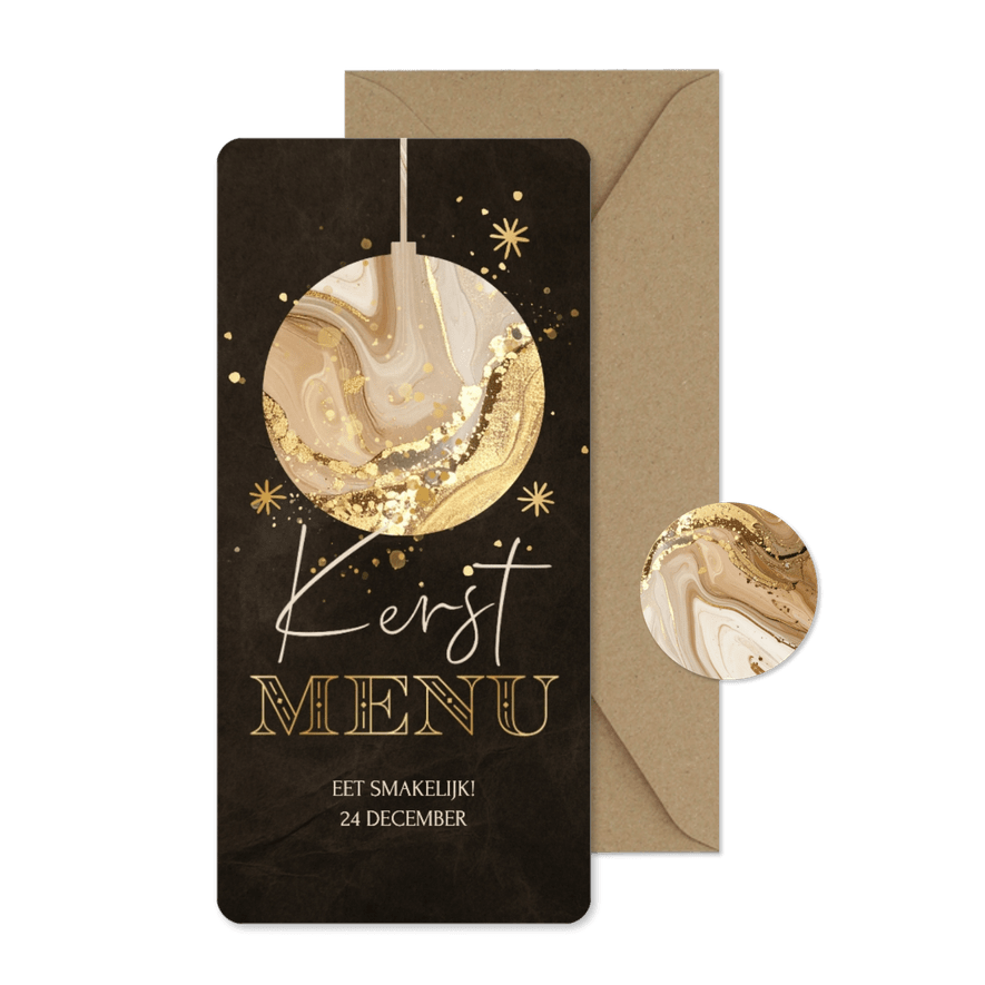 Menukaart kerstdiner donkerbruin met marmer kerstbal - Kaartimpressie
