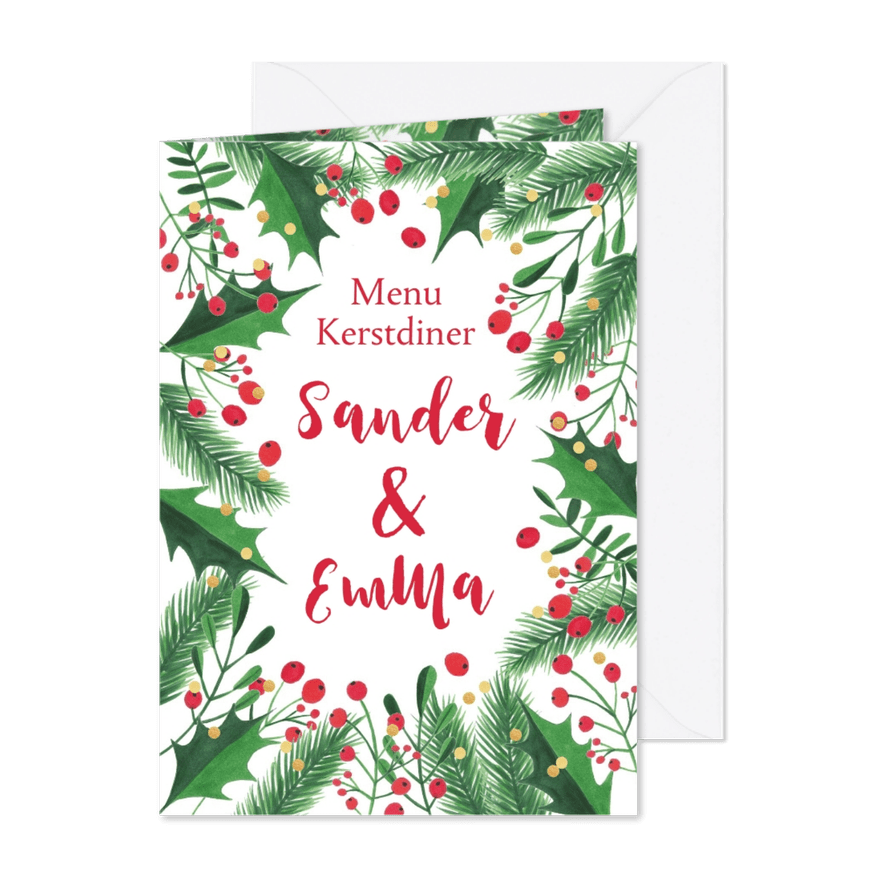 Menukaart kerstdiner kersttakken, hulst en confetti - Kaartimpressie