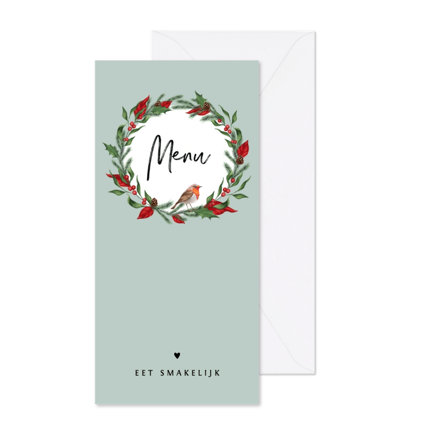 Menukaart kerstdiner met kerstblaadjes en roodborstje - Kaartimpressie