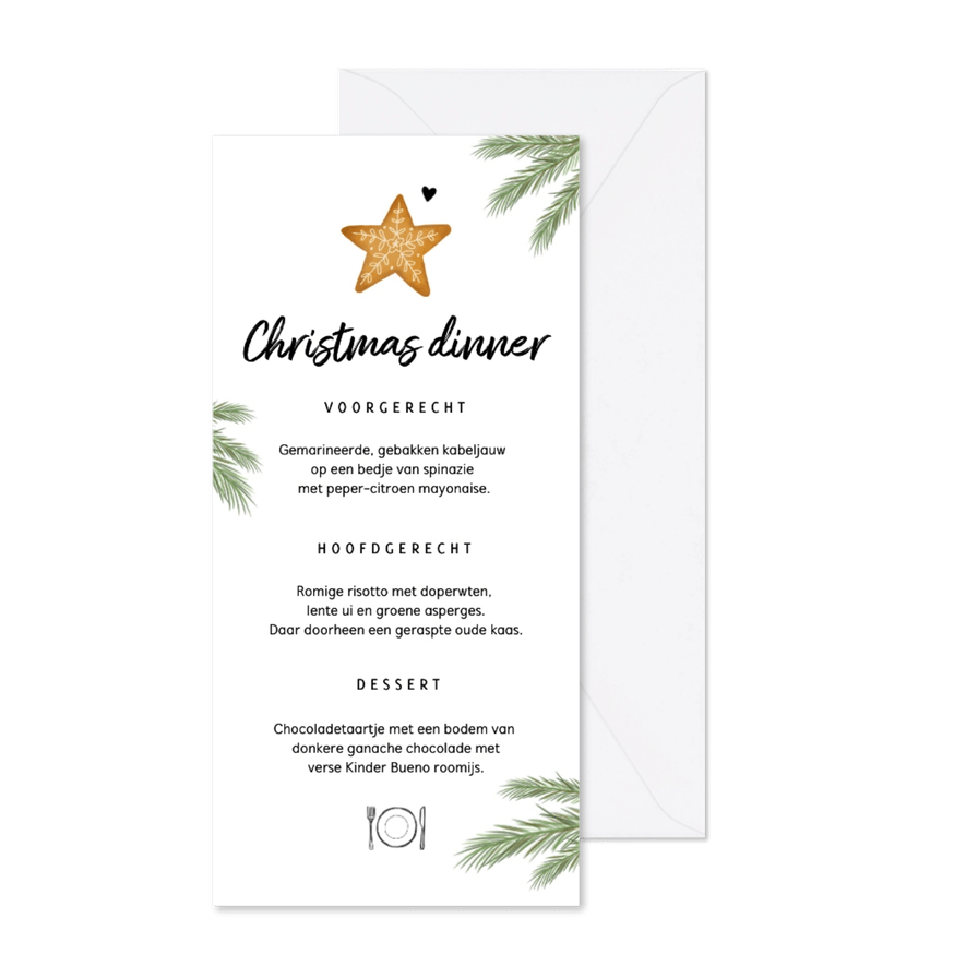Menukaart kerstdiner met kerstkoekje en takjes - Kaartimpressie