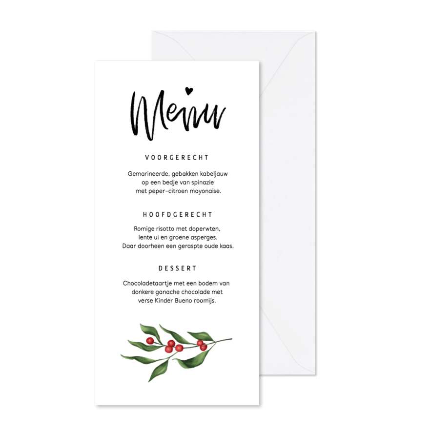 Menukaart kerstdiner met takje en besjes - Kaartimpressie
