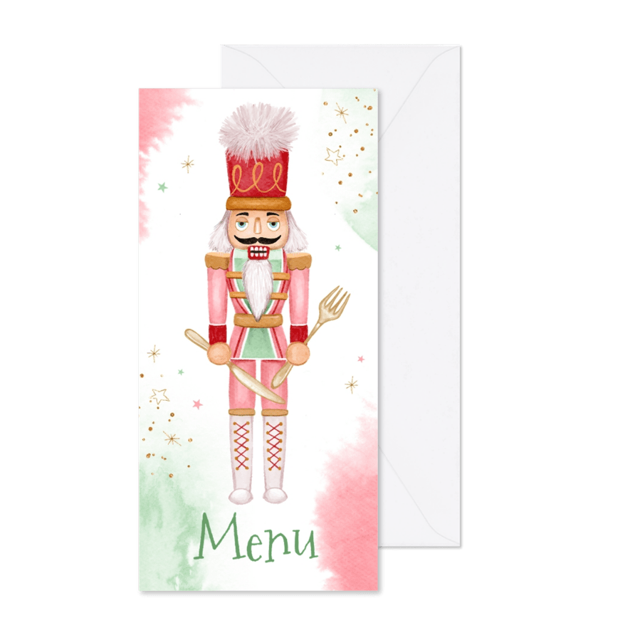 Menukaart kerstdiner notenkraker waterverf goud funky - Kaartimpressie