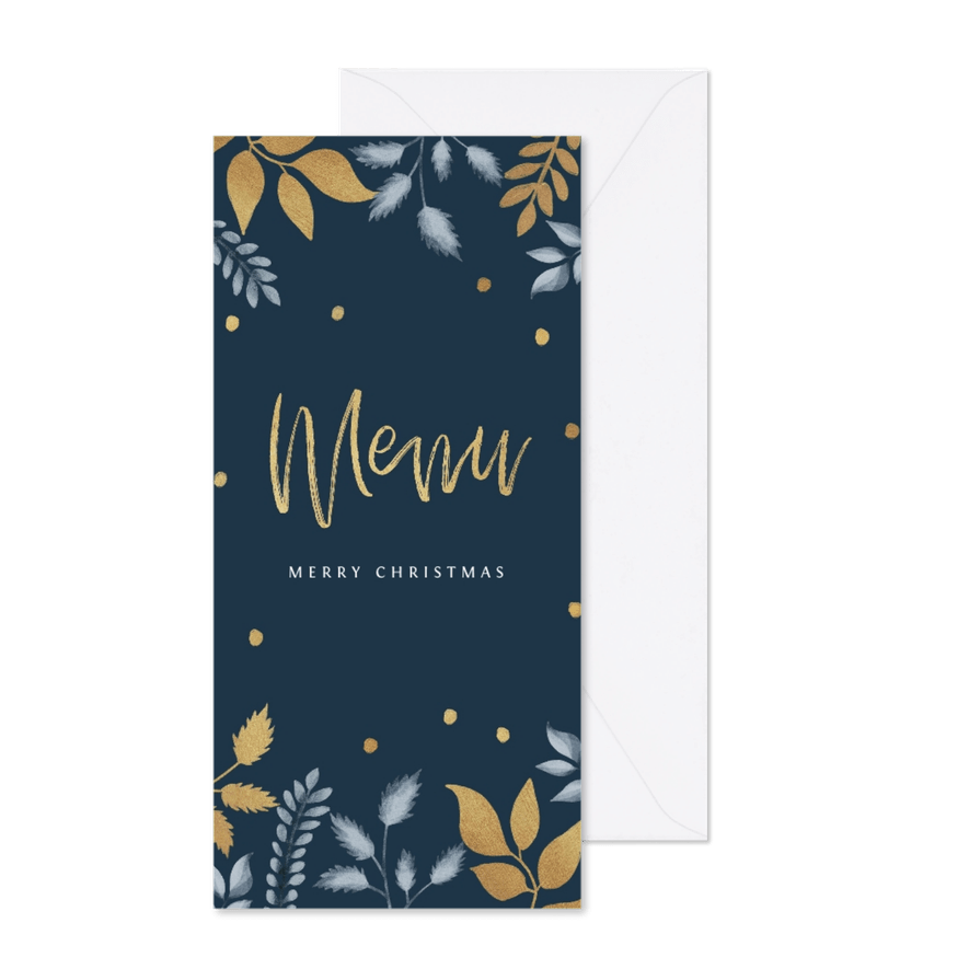 Menukaart kerstdiner stijlvol met blaadjes en goud - Kaartimpressie