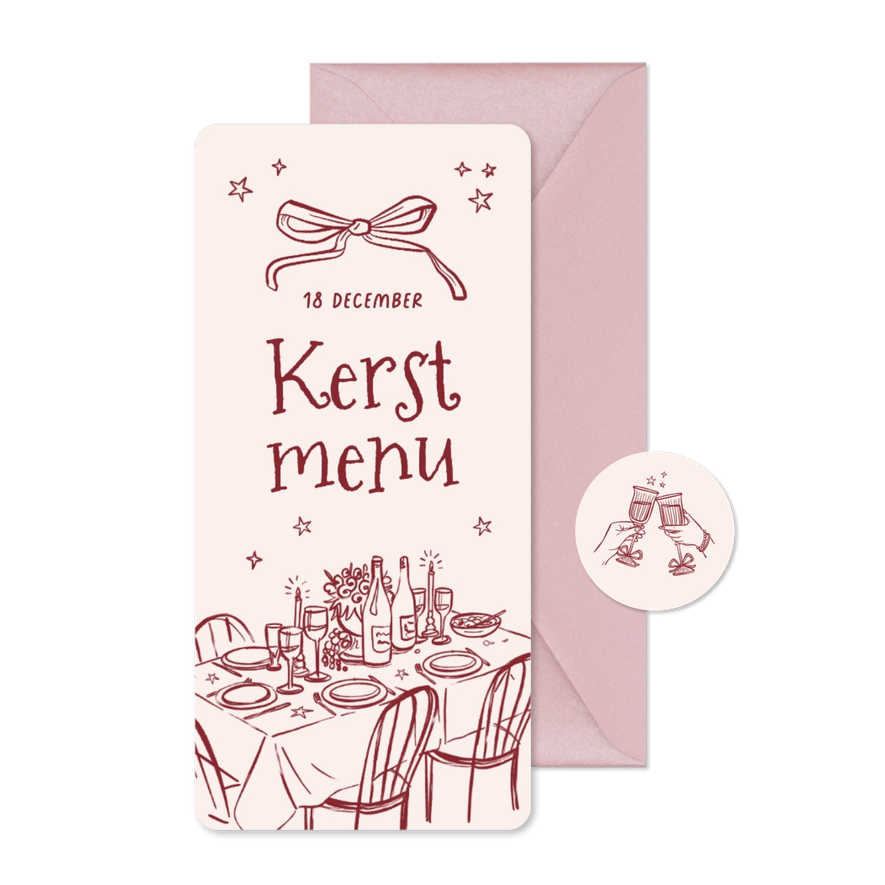 Menukaart kerstdiner vintage doodle strik tafel stijlvol - Kaartimpressie