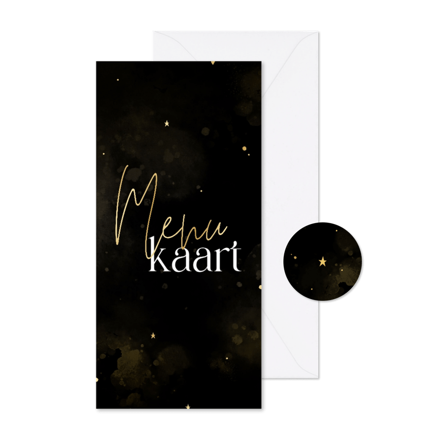 Menukaart kerstdiner zwart met goud hartjes en waterverf - Kaartimpressie