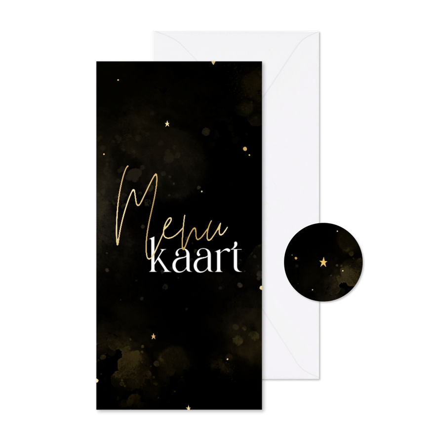 Menukaart kerstdiner zwart met goud hartjes en waterverf - Kaartimpressie