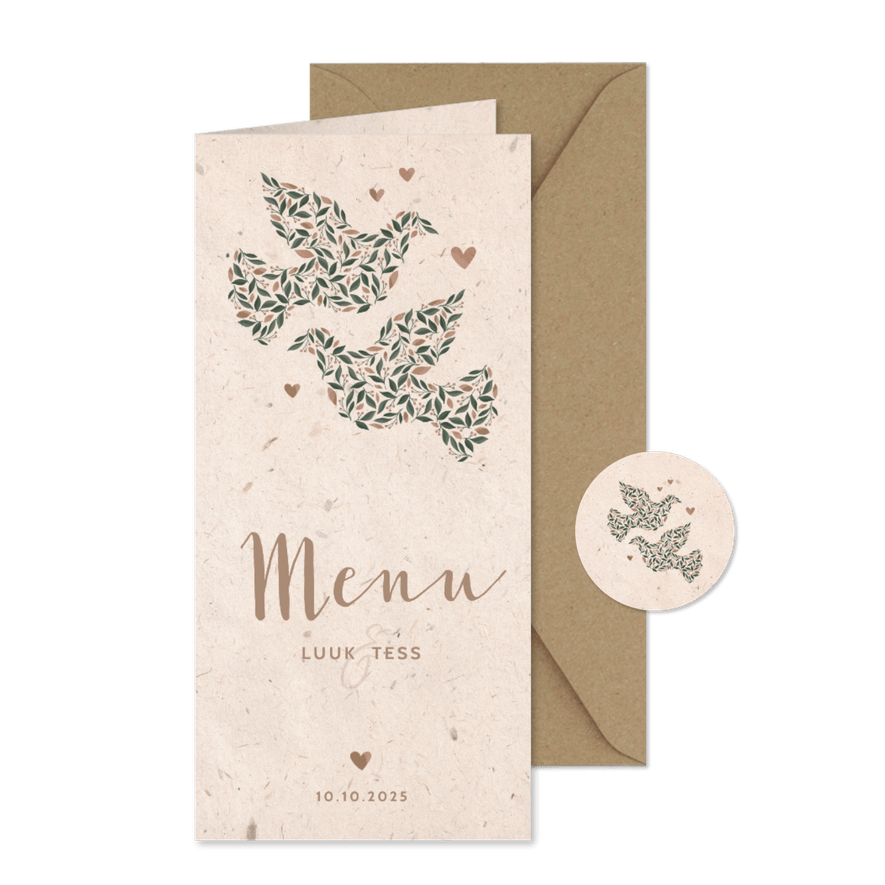 Menukaart kraftlook met duiven van bloemen - Kaartimpressie