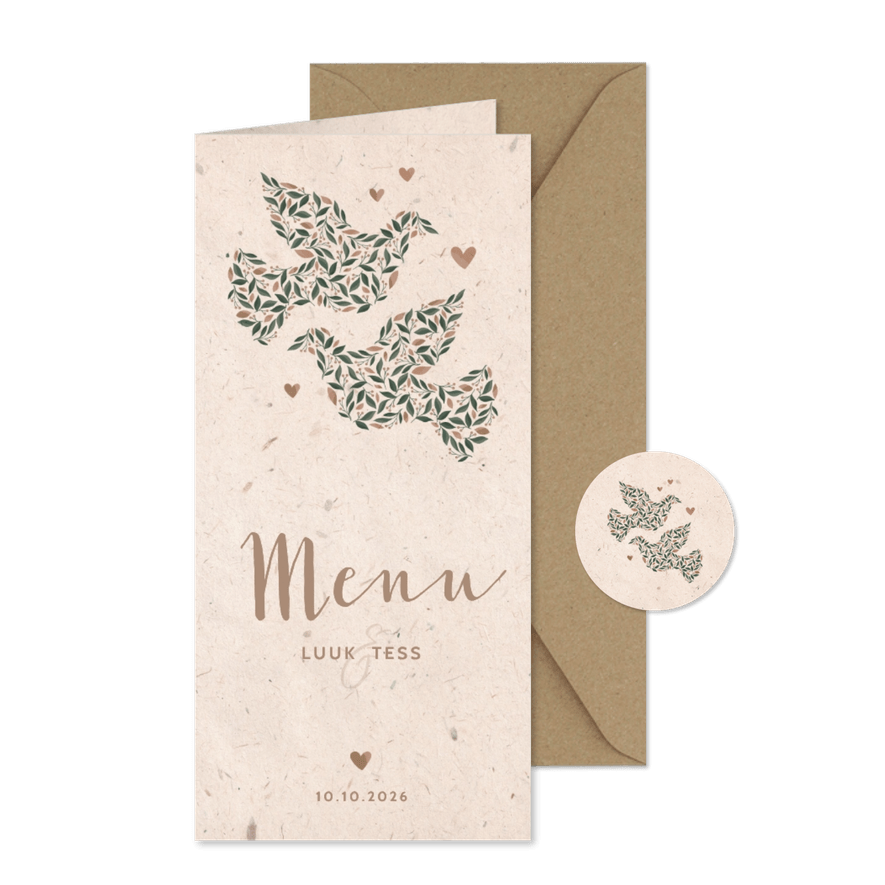 Menukaart kraftlook met duiven van bloemen - Kaartimpressie