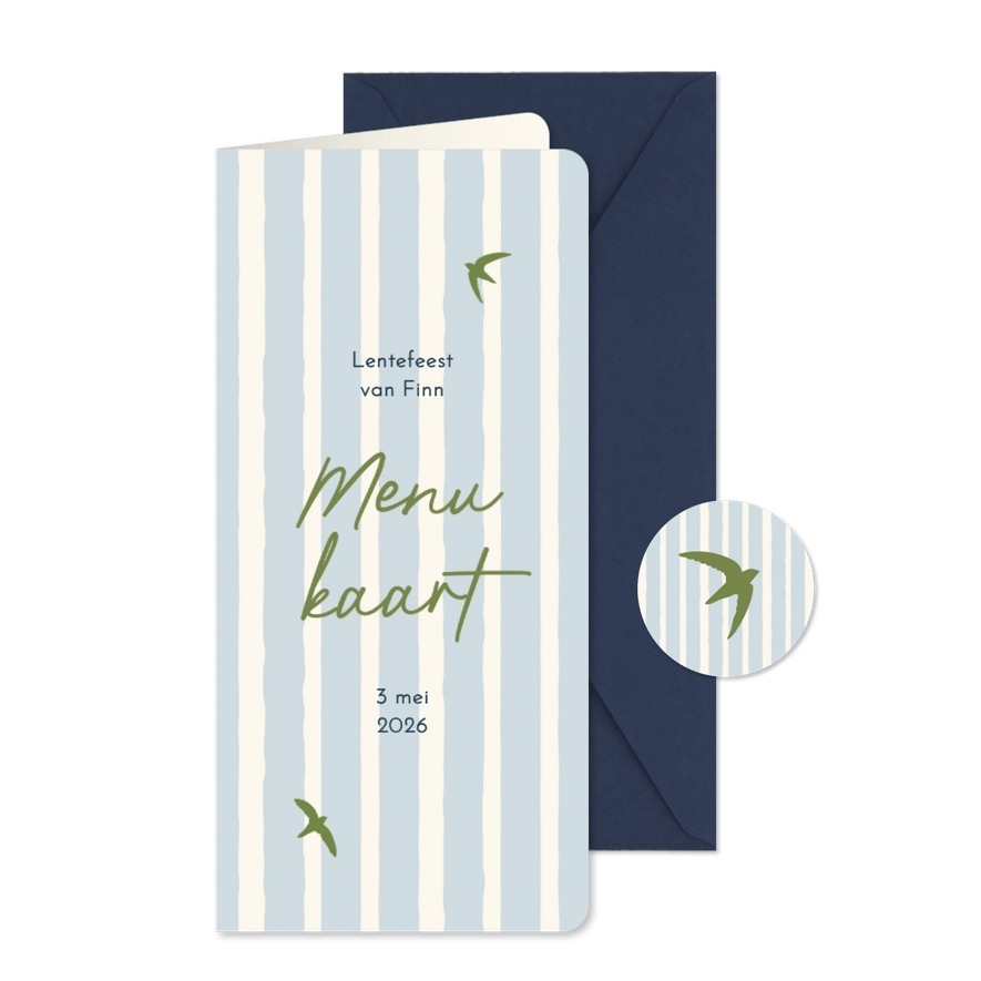  Menukaart lentefeest groene vogeltjes met blauwe streep - Kaartimpressie