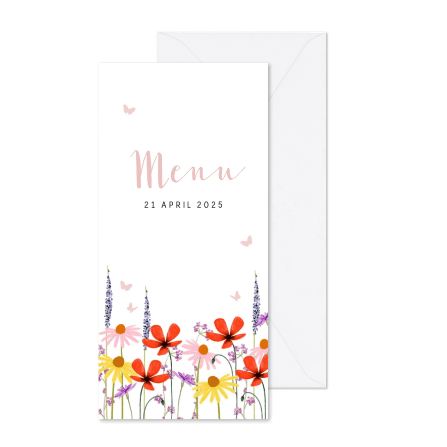 Menukaart lentefeest kleurrijke veldbloemen vlindertjes - Kaartimpressie