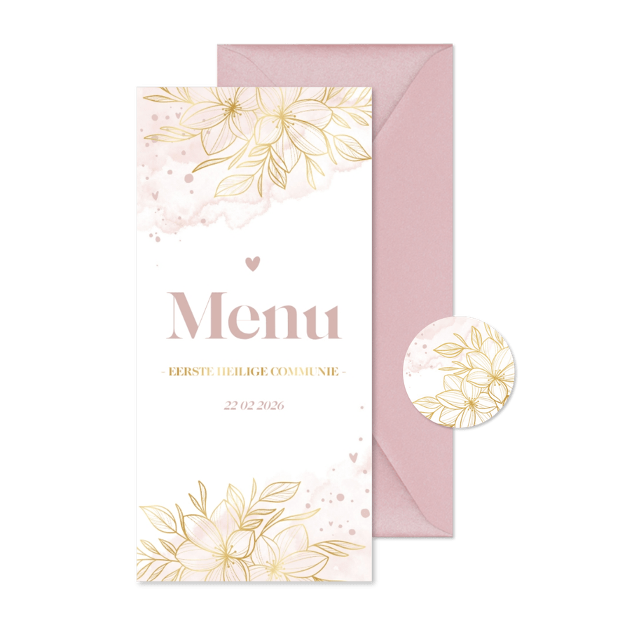 Menukaart lief gouden bloemen met roze waterverf - Kaartimpressie