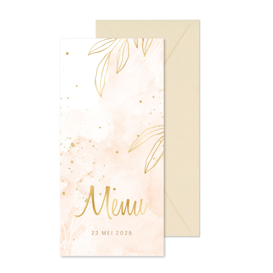 Menukaart lief roze waterverf met blaadjes - Kaartimpressie