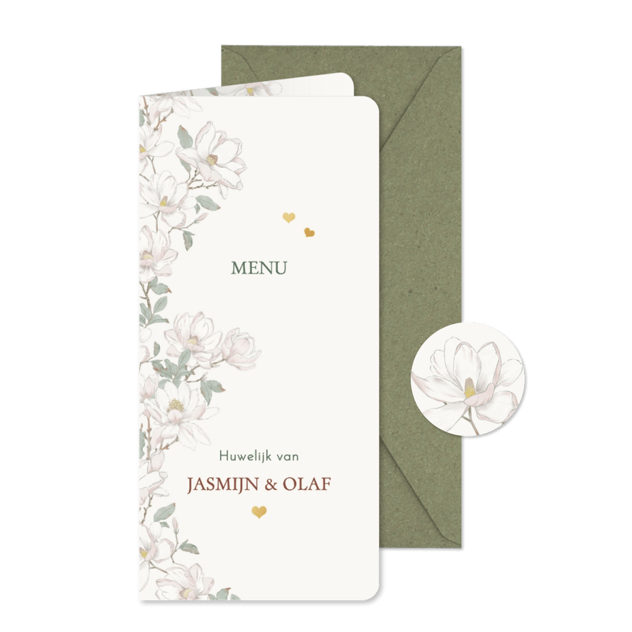 Menukaart magnoliabloemen met hartjes - Kaartimpressie