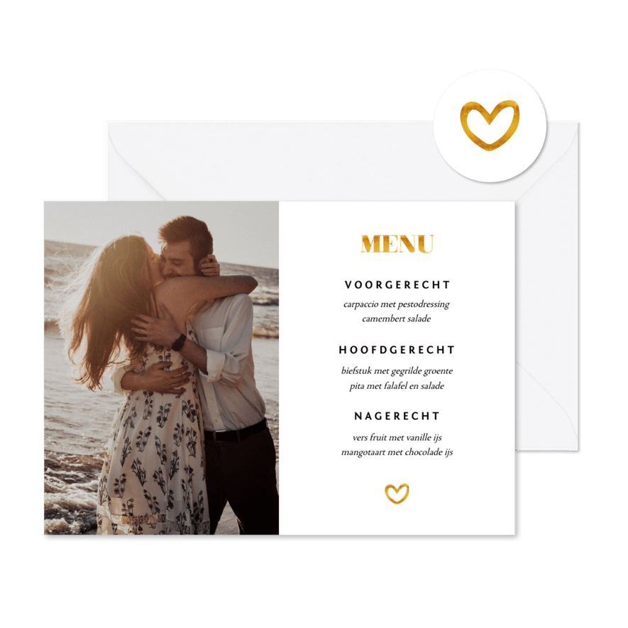 Menukaart met 1 foto en gouden accenten liggend - Kaartimpressie