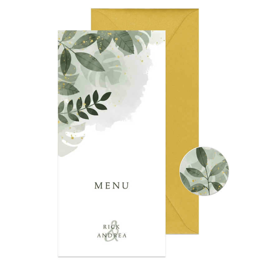 Menukaart met botanische print, waterverf en gouden spetters - Kaartimpressie