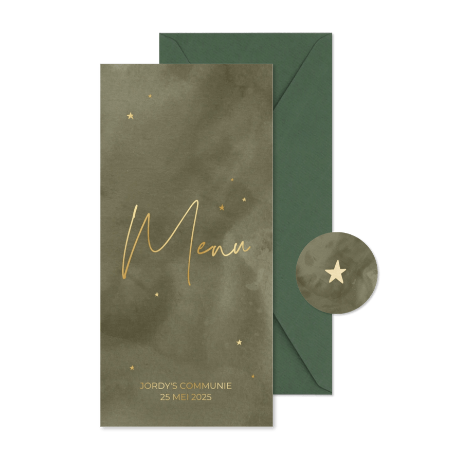 Menukaart met groene waterverf en goudfolie sterren - Kaartimpressie
