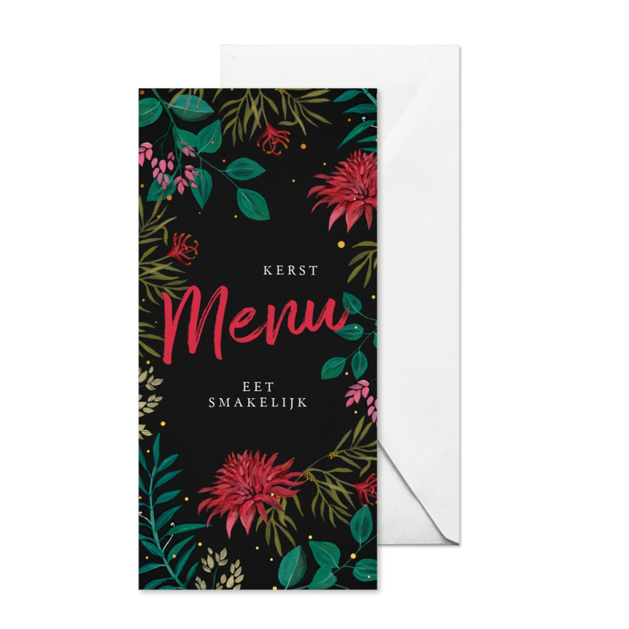 Menukaart met rode bloemen voor een sfeervol kerstdiner - Kaartimpressie