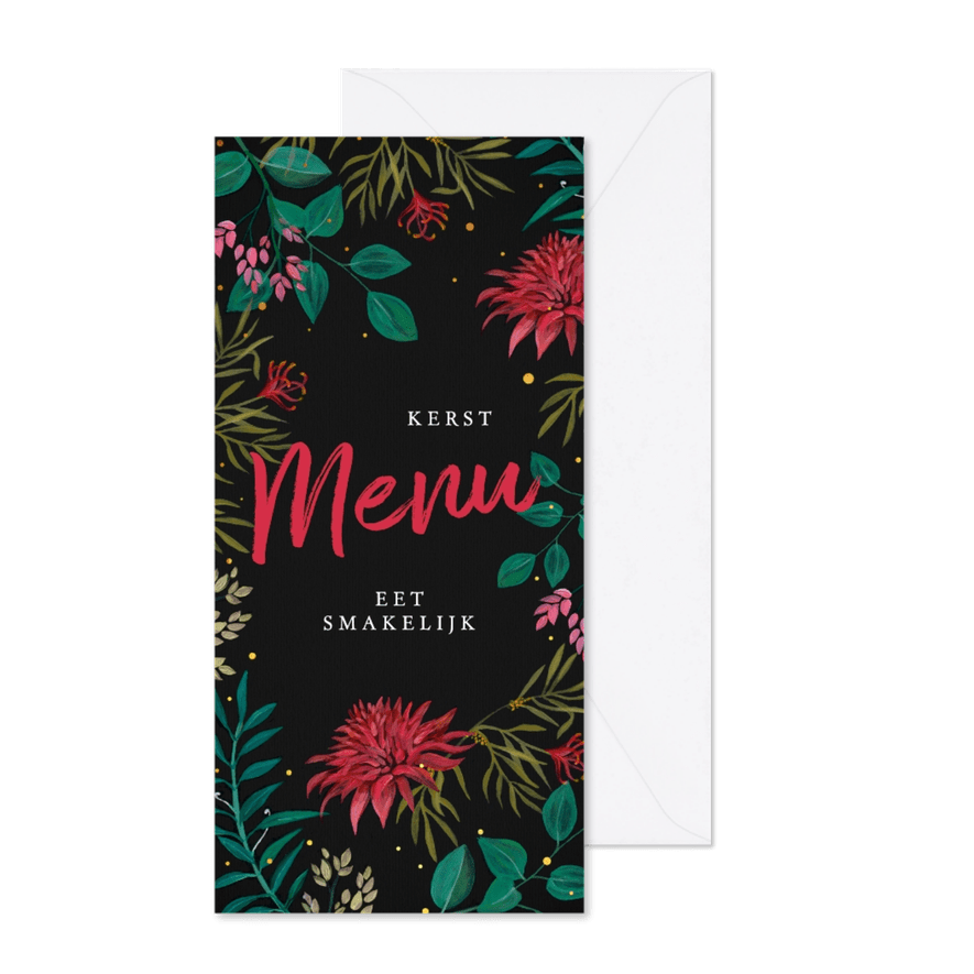 Menukaart met rode bloemen voor een sfeervol kerstdiner - Kaartimpressie