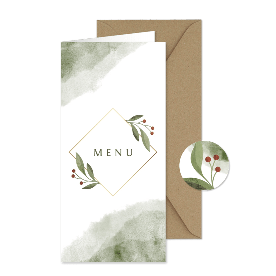Menukaart met waterverf en botanisch gouden kader - Kaartimpressie