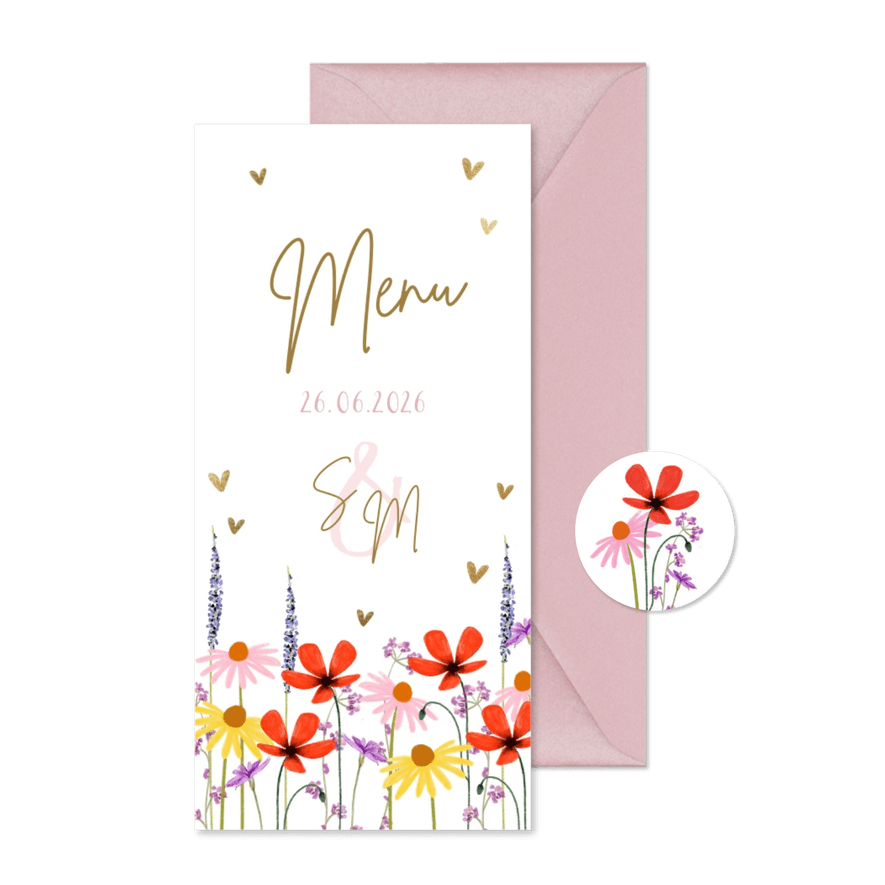 Menukaart met zomerse veldbloemen en hartjes in goud - Kaartimpressie