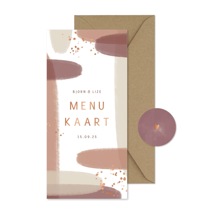 Menukaart naturel waterverf met koperkleurige spettertjes - Kaartimpressie