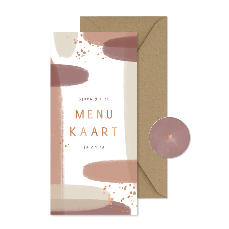 Menukaart naturel waterverf met koperkleurige spettertjes - Kaartimpressie