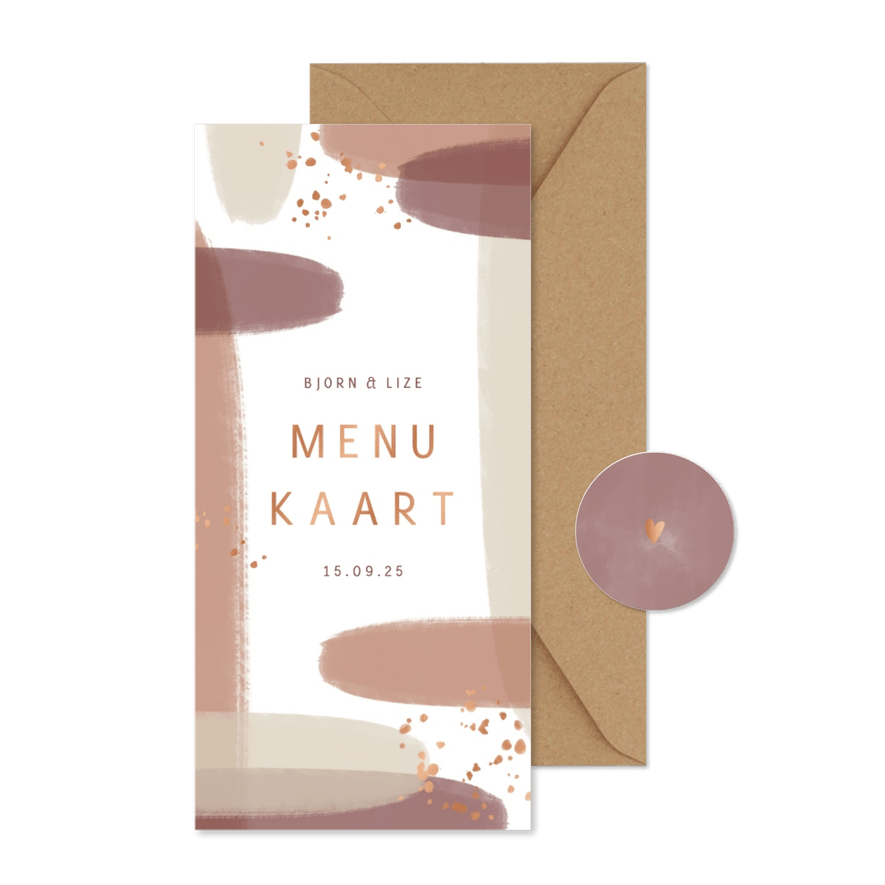 Menukaart naturel waterverf met koperkleurige spettertjes  - Kaartimpressie