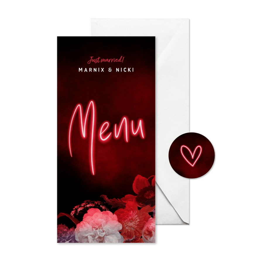 Menukaart neon bloemen - Kaartimpressie