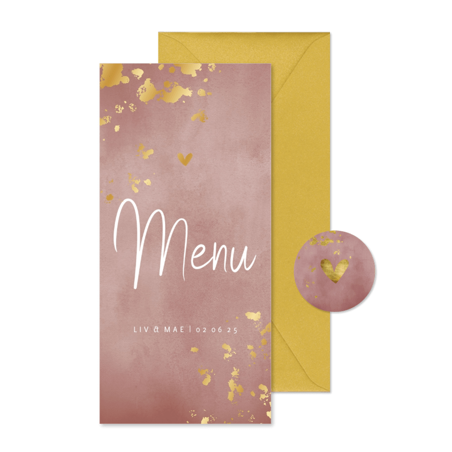 Menukaart oud roze waterverf gouden spetters - Kaartimpressie