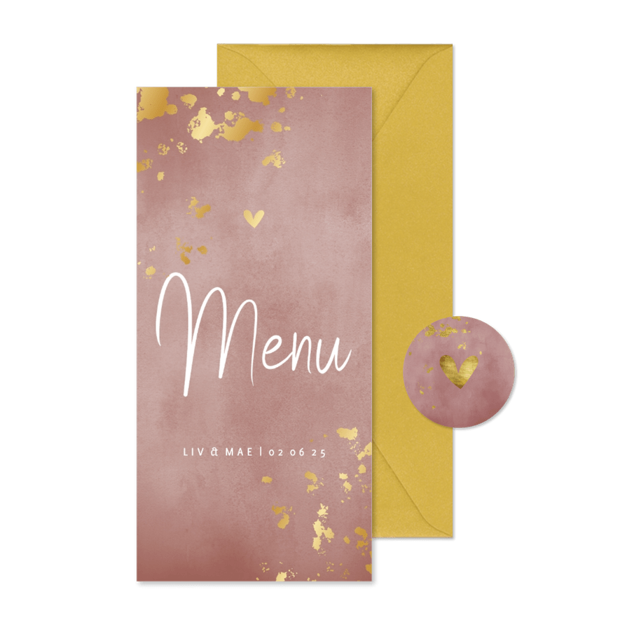Menukaart oud roze waterverf gouden spetters - Kaartimpressie