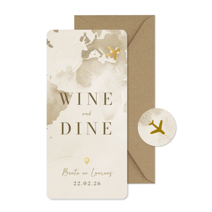 Menukaart reisthema waterverf wereld goudfolie vliegtuig - Kaartimpressie