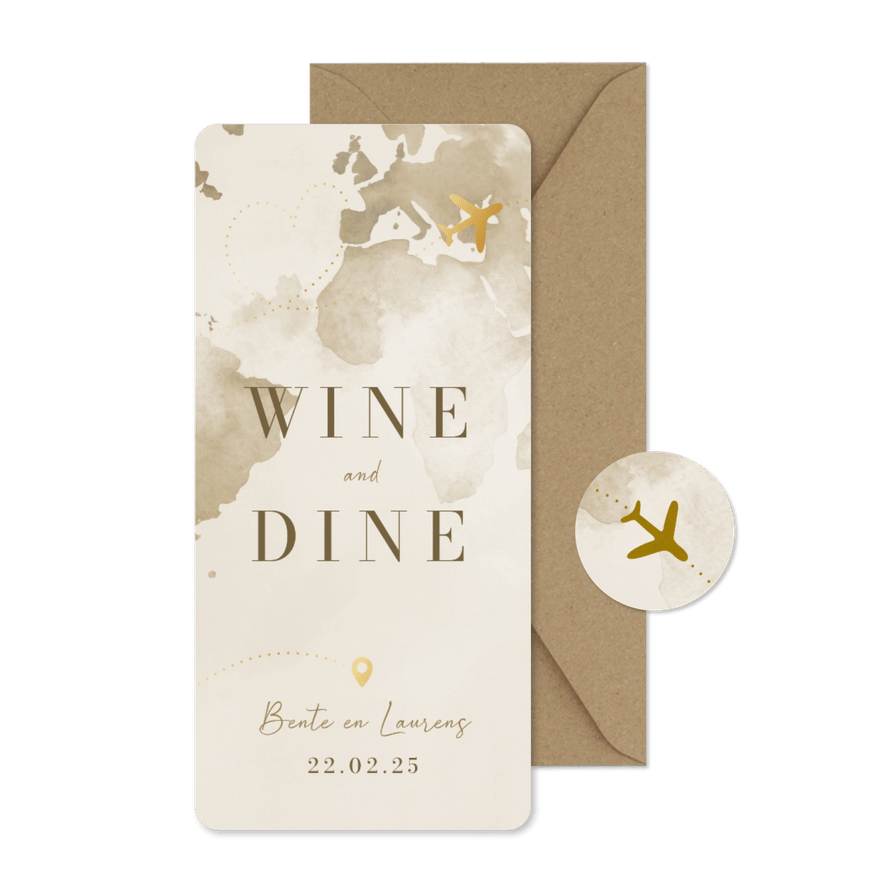 Menukaart reisthema waterverf wereld goudfolie vliegtuig - Kaartimpressie