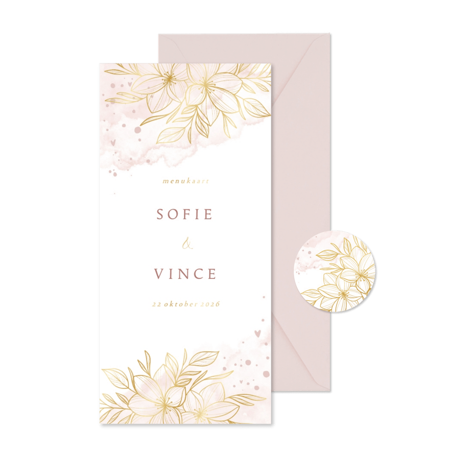 Menukaart romantisch gouden bloemen met roze waterverf - Kaartimpressie