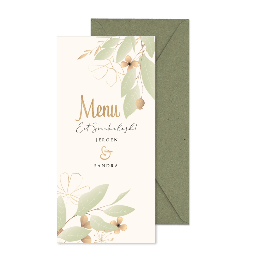 Menukaart stijlvol botanisch zacht groen oker goudlook - Kaartimpressie