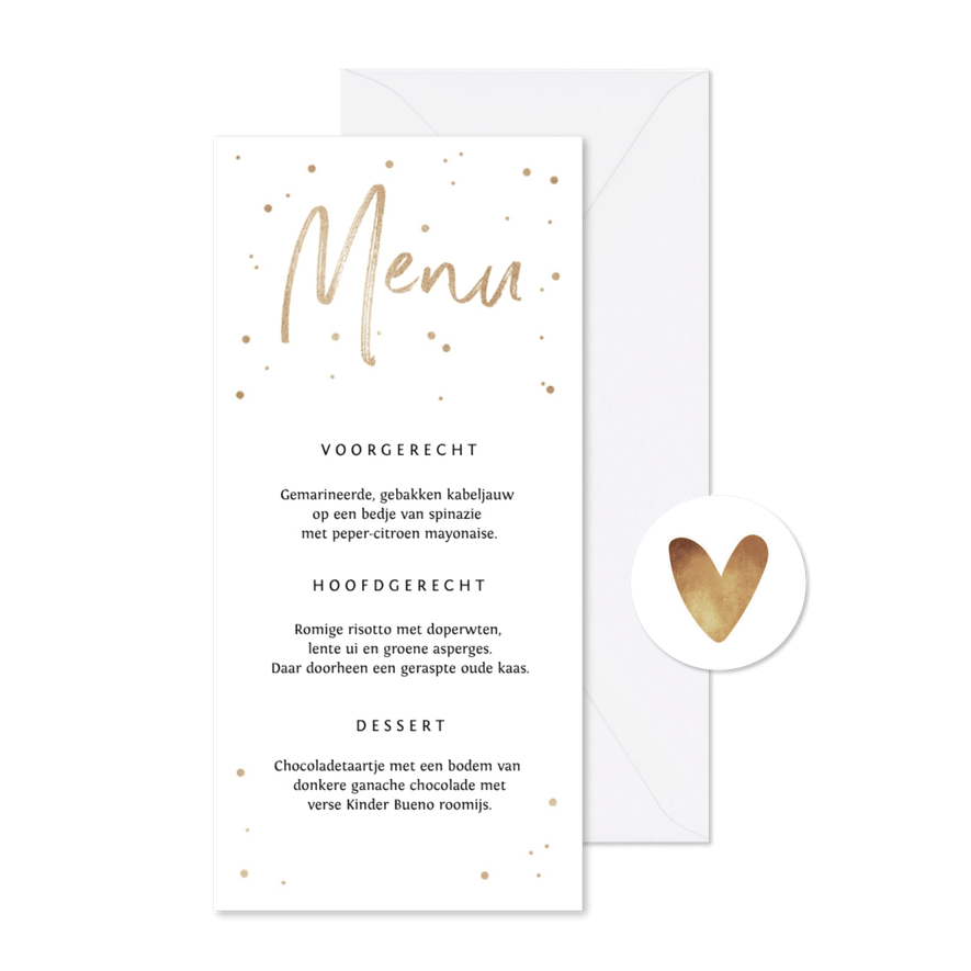 Menukaart stijlvol goud confetti en typografie - Kaartimpressie