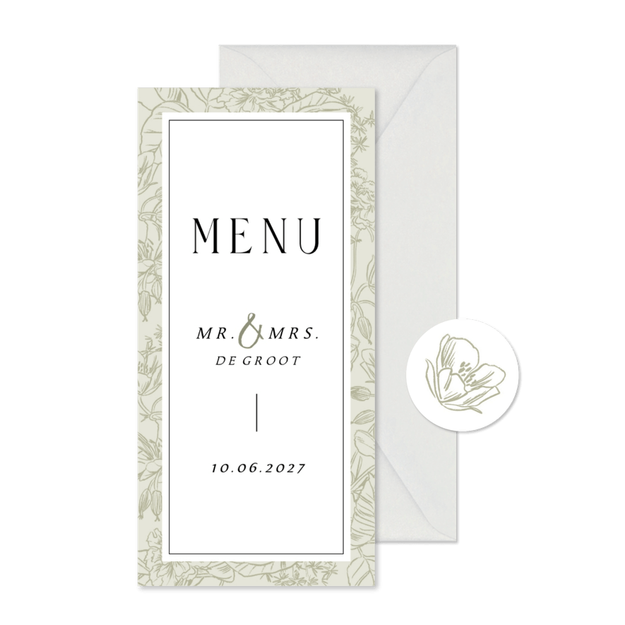 Menukaart stijlvol klassiek botanisch bloemen kader - Kaartimpressie