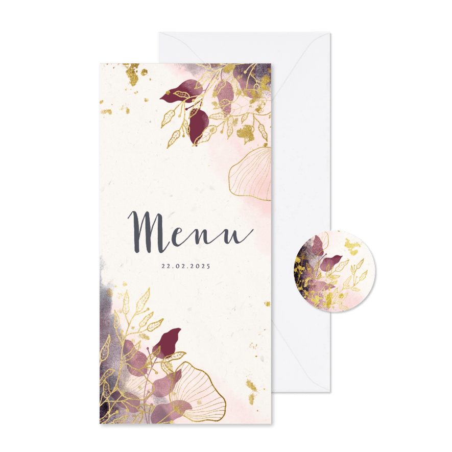 Menukaart stijlvol met waterverf en gouden bloemen - Kaartimpressie