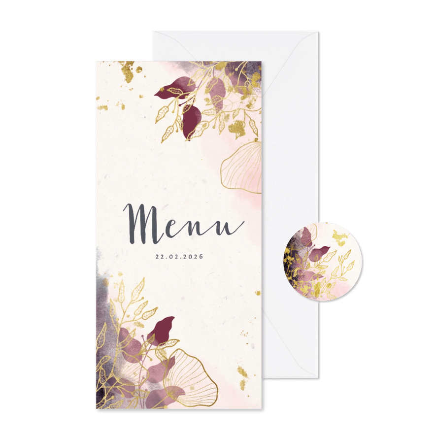 Menukaart stijlvol met waterverf en gouden bloemen - Kaartimpressie