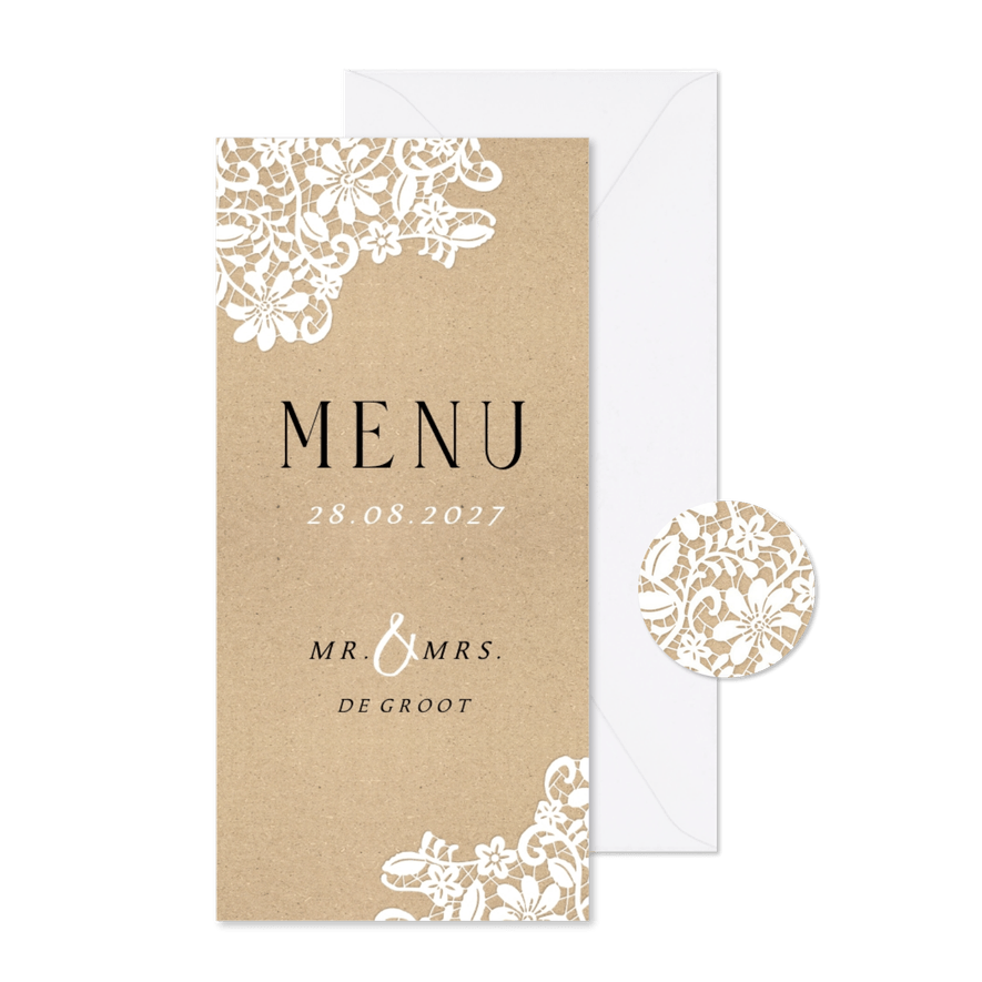 Menukaart stijlvol vintage kraftpapier kant bloemen - Kaartimpressie