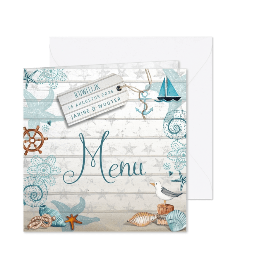 Menukaart Strand en schelpen met hout en sterren achtergrond - Kaartimpressie