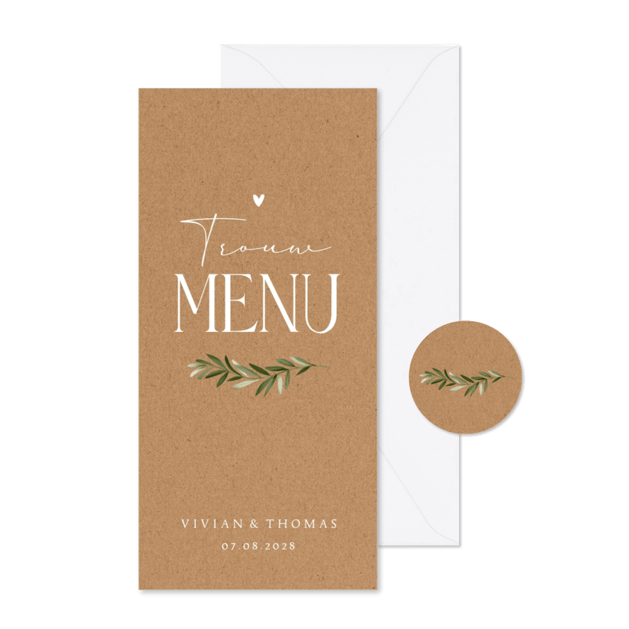 Menukaart trouwdag kraftpapier takje stijlvol - Kaartimpressie