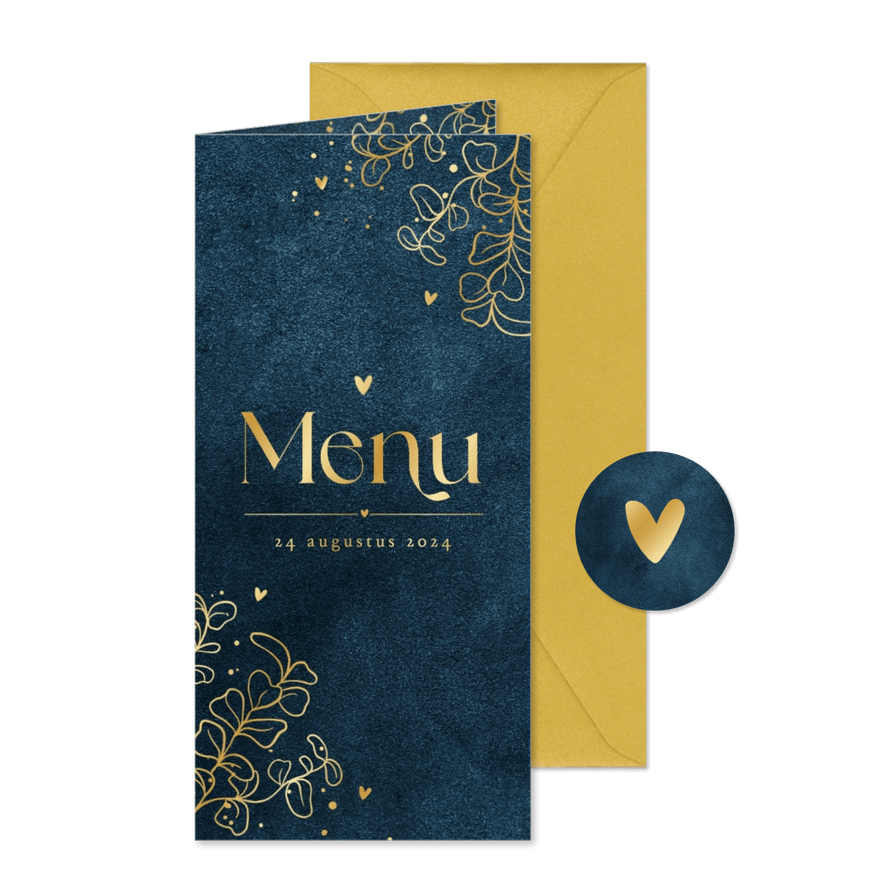 Menukaart trouwdag velvet blauw eucalyptus goud hartjes - Kaartimpressie