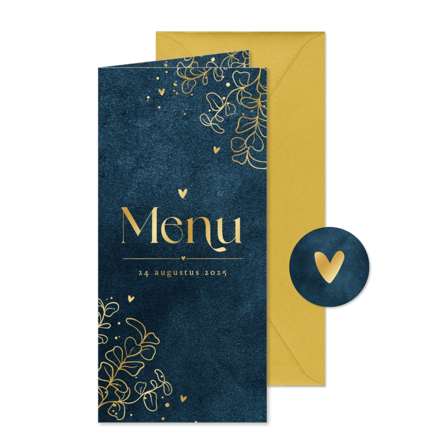 Menukaart trouwdag velvet blauw eucalyptus goud hartjes - Kaartimpressie